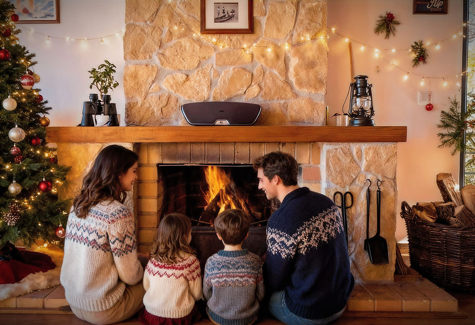 High angle view of Blue Lake House interior living room with fireplace and Christmas decorations
