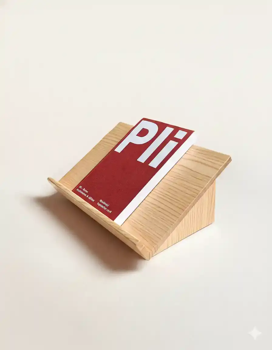 Présentoir en bois massif Bloc 45 utilisé pour mettre en valeur un livre sur une table éditoriale.