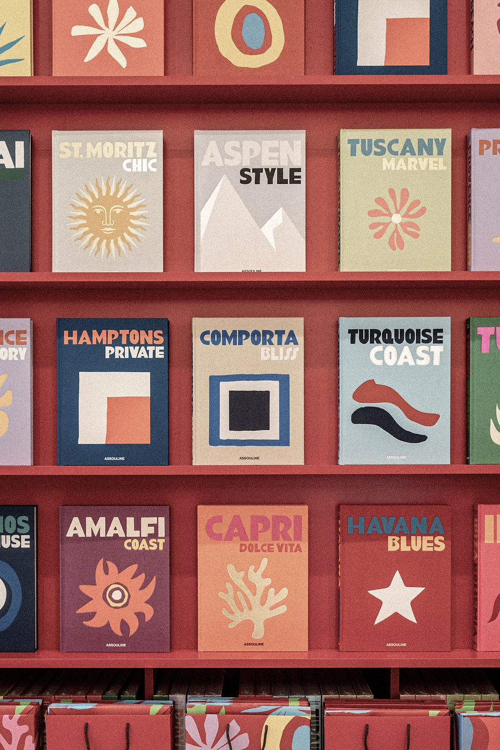 Étagère design mettant en avant une collection de livres Assouline aux couvertures graphiques et colorées, illustrant des destinations iconiques. Une mise en scène soignée, inspirante pour la retail architecture et le design d’intérieur. Idéal pour la conception d’espaces commerciaux et l’intégration de mobilier sur mesure dans un univers haut de gamme