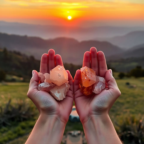 2 hands holding sunstone crystals with a sunset and hill country views in the background.j