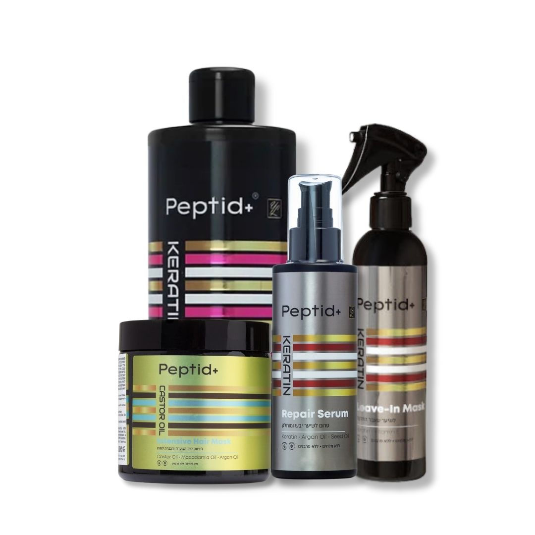ערכת קרטין לשיער שעבר החלקה - שמפו, סרום, מסכת קיק וספריי מסכה ללא שטיפה