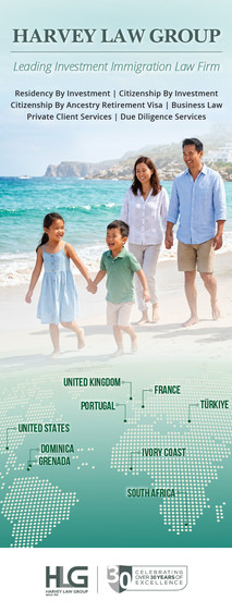 Harvey Law Group banner featuring a happy family walking on a sunny beach, with text promoting investment immigration services including residency and citizenship by investment, and a world map highlighting countries such as the United Kingdom, Portugal, United States, Dominica, Grenada, France, Türkiye, Ivory Coast and South Africa. Logo shows HLG celebrating over 30 years of excellence.