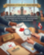 A professional illustration, styled like a detailed infographic, depicts the review process for a Canadian Citizenship Certificate. At the top, a banner reads 'CANADIAN CITIZENSHIP UNDER REVIEW'. Below the banner, large text states 'SURRENDER DEMANDS & PRODUCING AUTHORITATIVE PROOF: NAVIGATING THE BILL C-3 SHOCKWAVE'. A diverse hand (dark skin tone) is presenting a 'Canadian Citizenship Certificate', which features a large red maple leaf. Another hand (light skin tone), wearing a suit cuff, holds a magnifying glass over the certificate, examining its details. The documents are on a large desk, which includes a nameplate reading 'CANADORE IMMIGRATION' and 'RCIC-IRB Specialists'. Below this, an Ancestry.com document printout is marked with a large red 'X'. Beside it is a folder with the 'Canadore Immigration' logo and a pile of documents with gold seals and checkmarks labeled 'OFFICIAL CERTIFICATE'. A pen cup with a Canadian flag sits nearby. In the background, a large window reveals the Canadian Parliament Building in Ottawa, with the Peace Tower centered, under a central Canadian flag. A diverse crowd of people (families, individuals, couples) is looking through the window, their faces showing concern and expectation. The entire image is branded at the bottom right with the text 'By Canadore Immigration (RCIC-IRB Specialists)'.