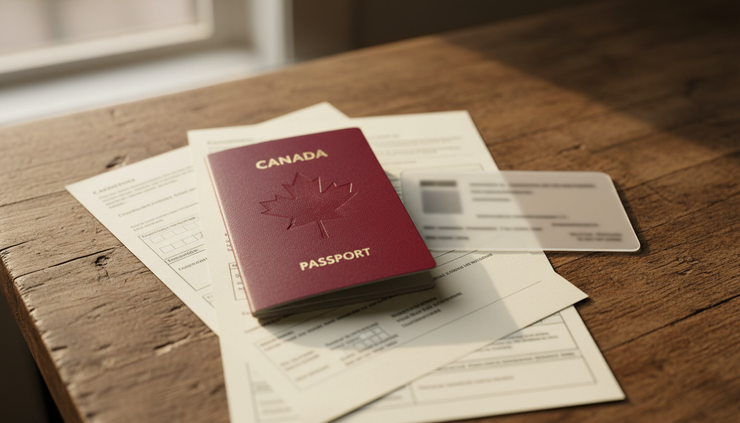 Close-up of a passport beside a permanent resident card and paper forms