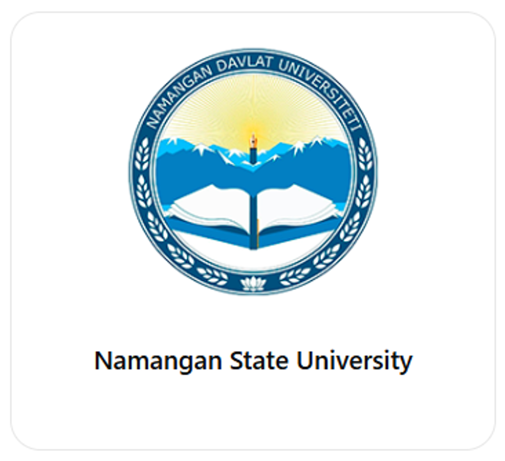 Namangan State University logo with blue emblem, open book, mountains and torch, on white background with university name below