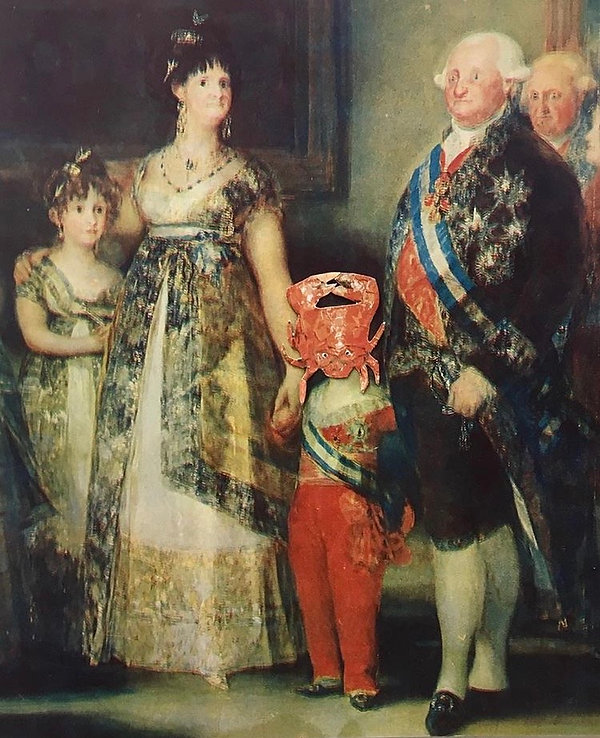An old painting of royals, where the child prince has a paper crab for a head and his mother is holding his hand.