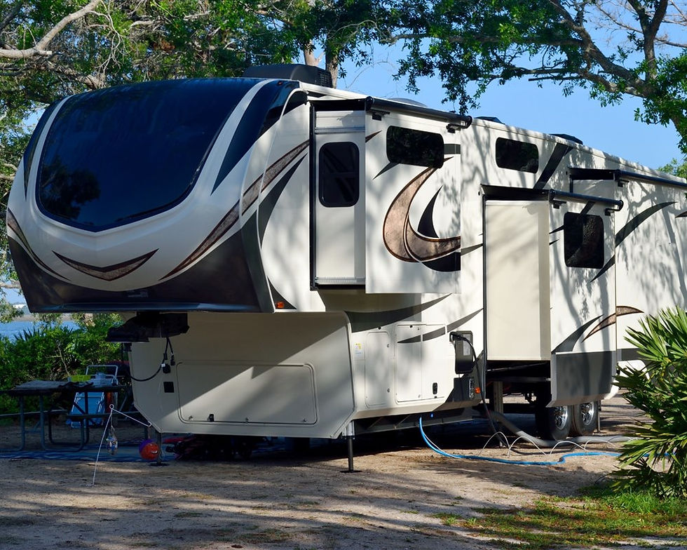 Fifth-wheel RV parked at a campsite
