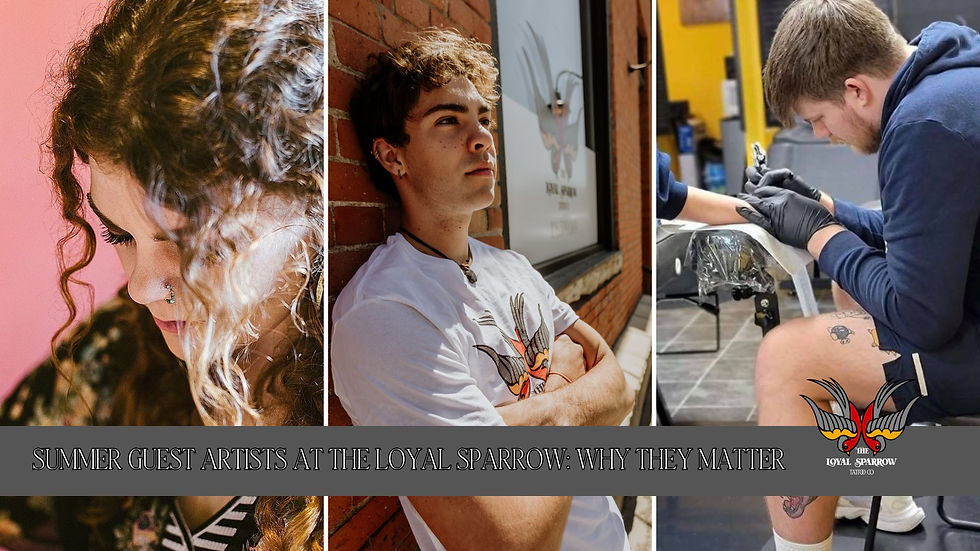 A photo collage of Keeley Wylie, Ethan Diliberto, and Nathaniel Chitwood, guests tattoo artists at The Loyal Sparrow in Belgrade, Montana.