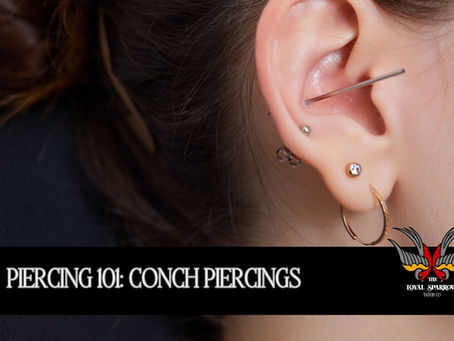 Close-up of an ear with multiple piercings and a needle in the conch. Text: "PIERCING 101: CONCH PIERCINGS." Emblem: Two sparrows.
