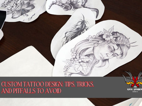 Hand drawn tattoo designs; a fairy, a feather, a cow skull, and music notes with flowers.