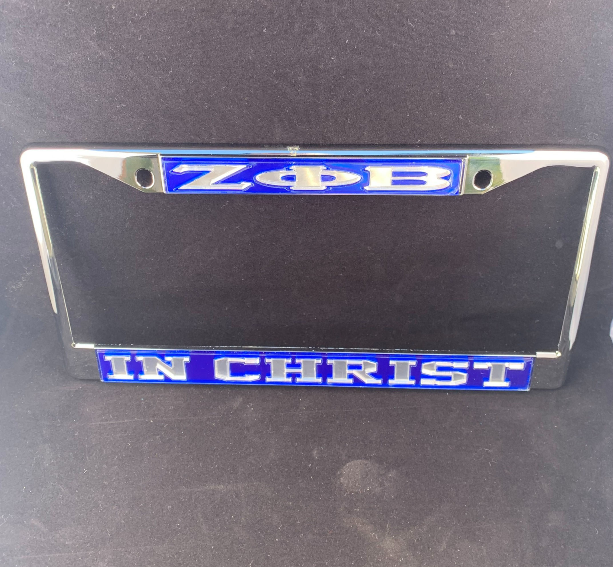ZPB In Christ License Frame- Blue Background Mirror Letters