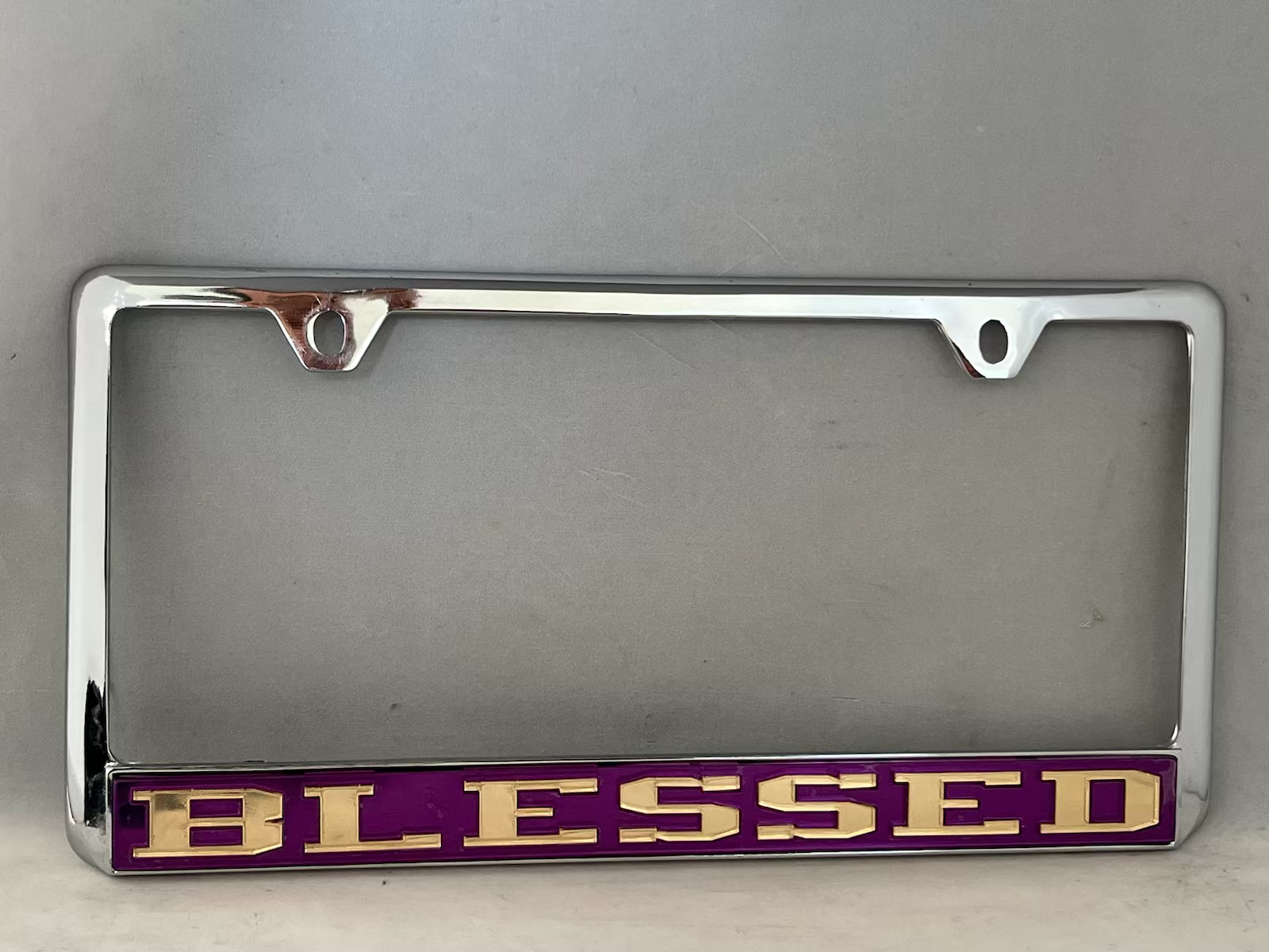 Blessed (No Top) License Frame- Purple Background Gold Letters