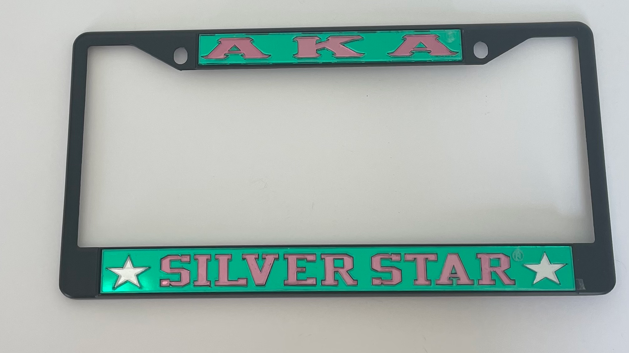 AKA Silver Star w/ Stars Black Frame- Green Background Pink Letters