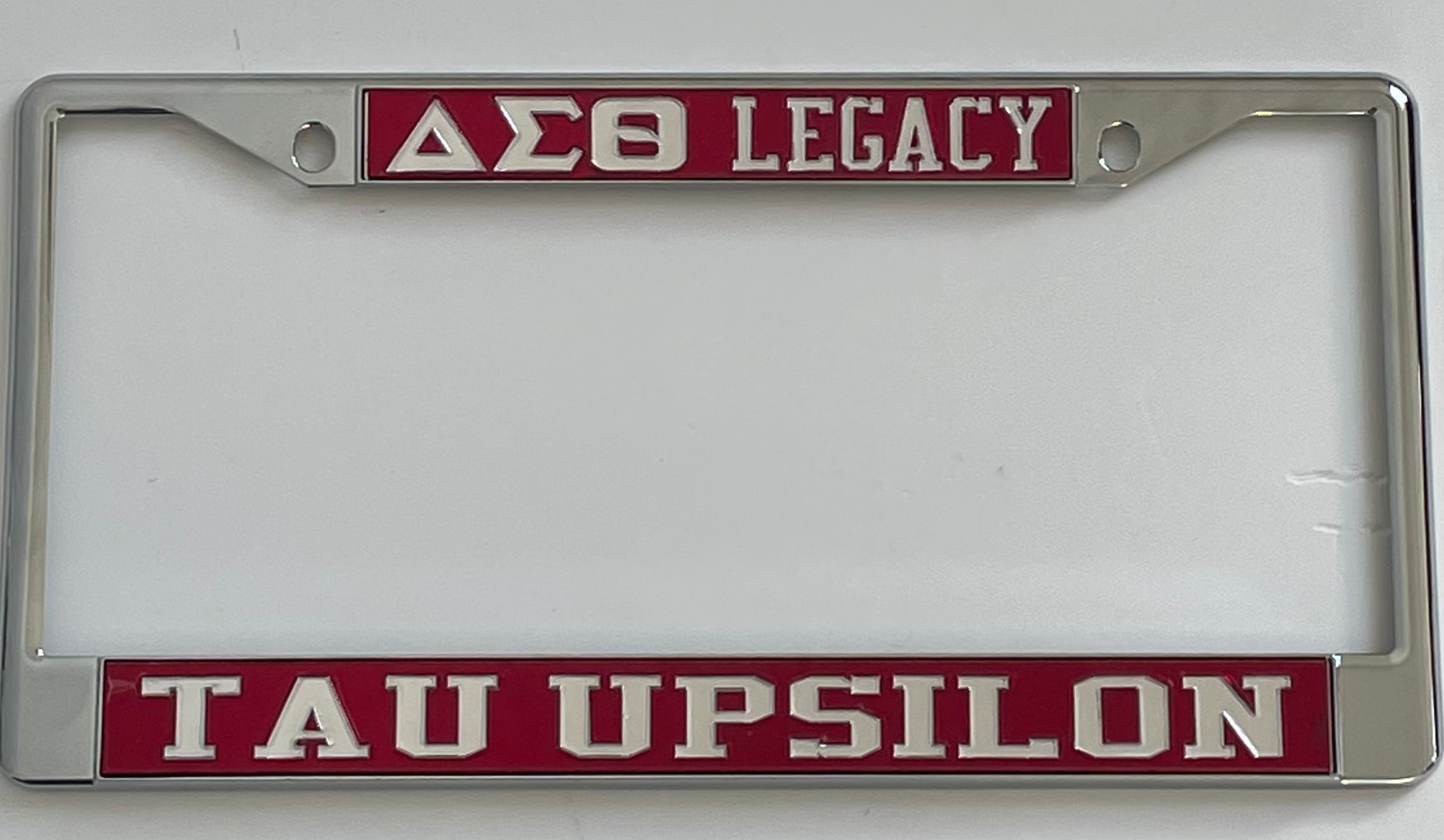 DST Legacy Tau Upsilon License Frame- Red Background Mirror Letters