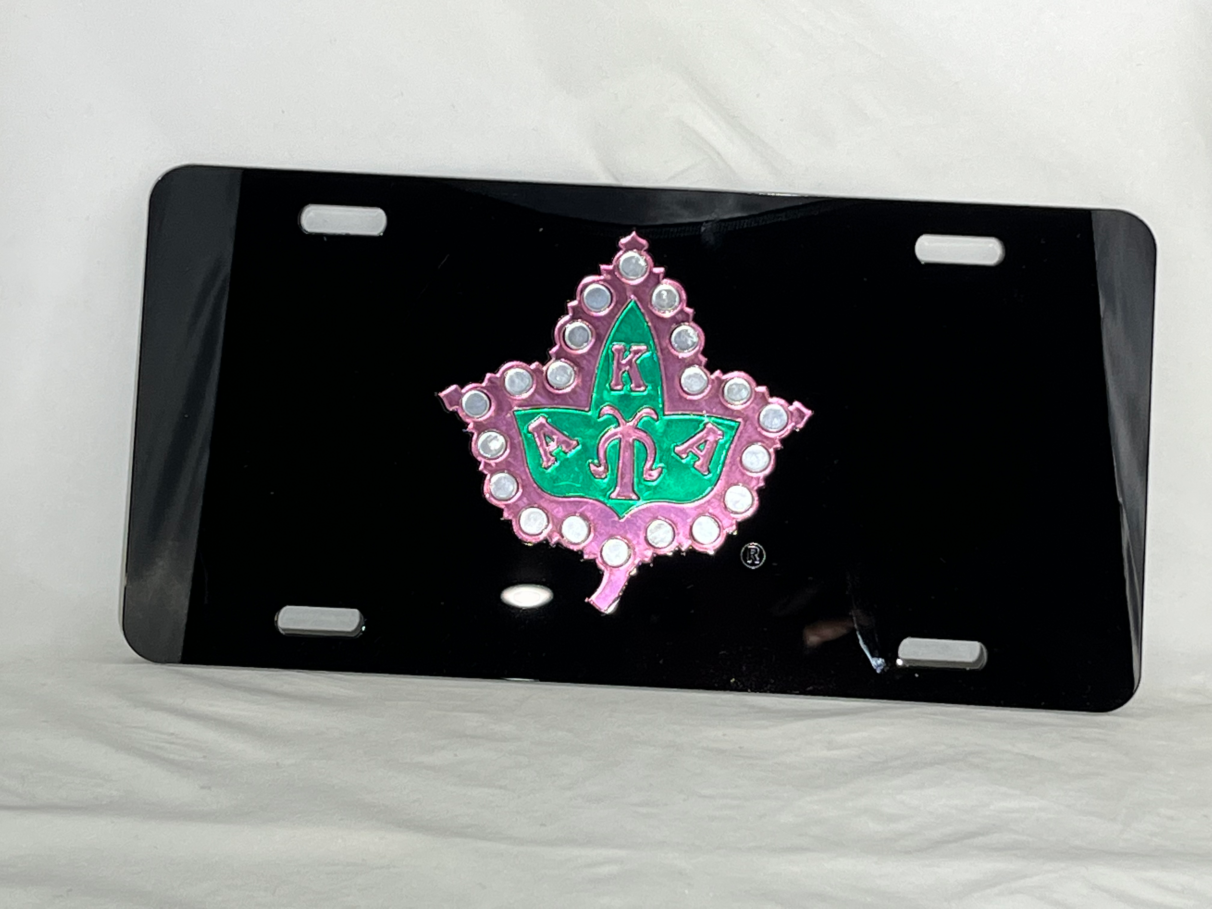 AKA w/ Ivy License Plate- Black Background Pink Ivy w/ Pearls