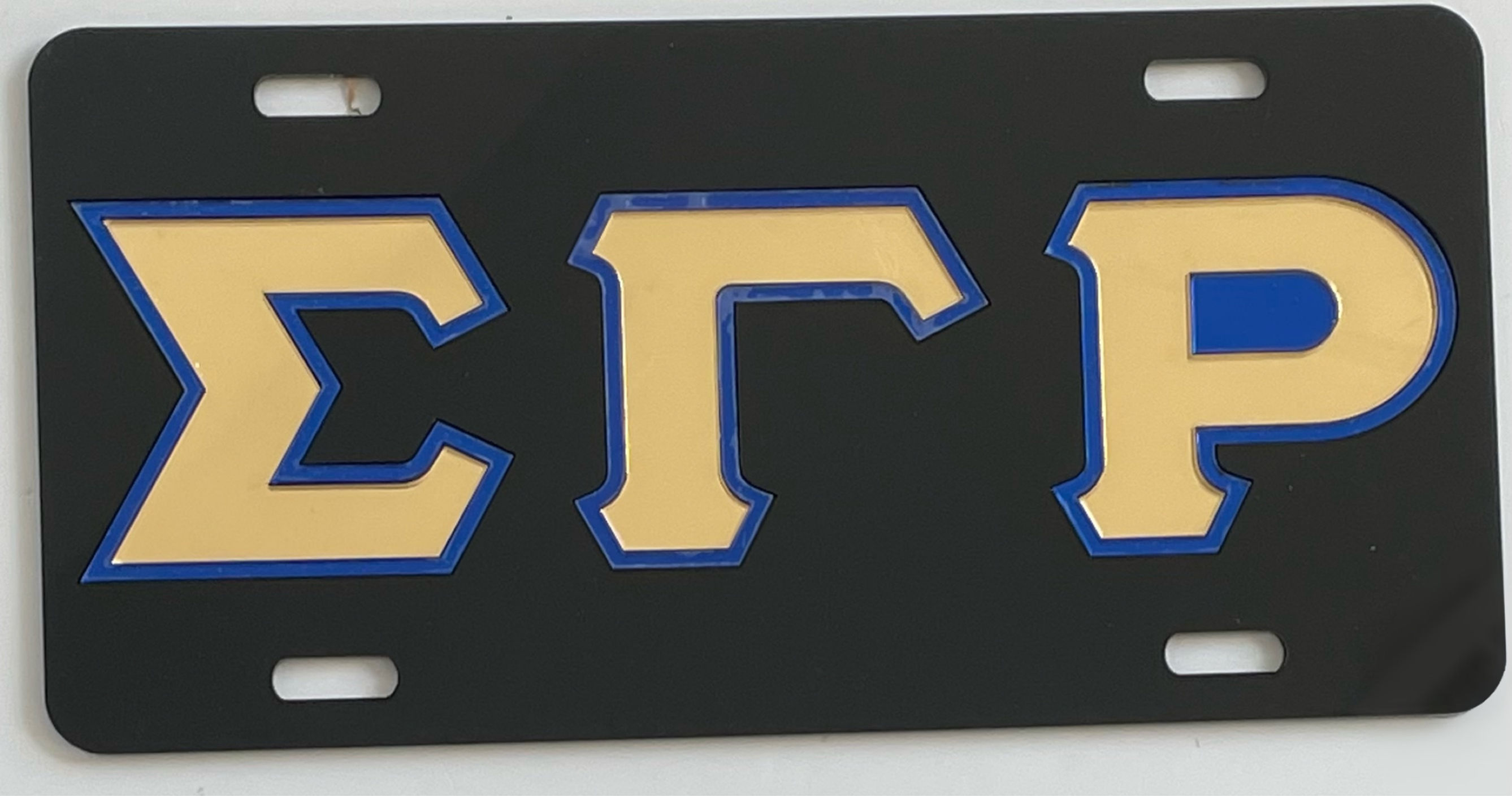 SGRHO License Plate- Blk Background Blue Outline Gold Letters