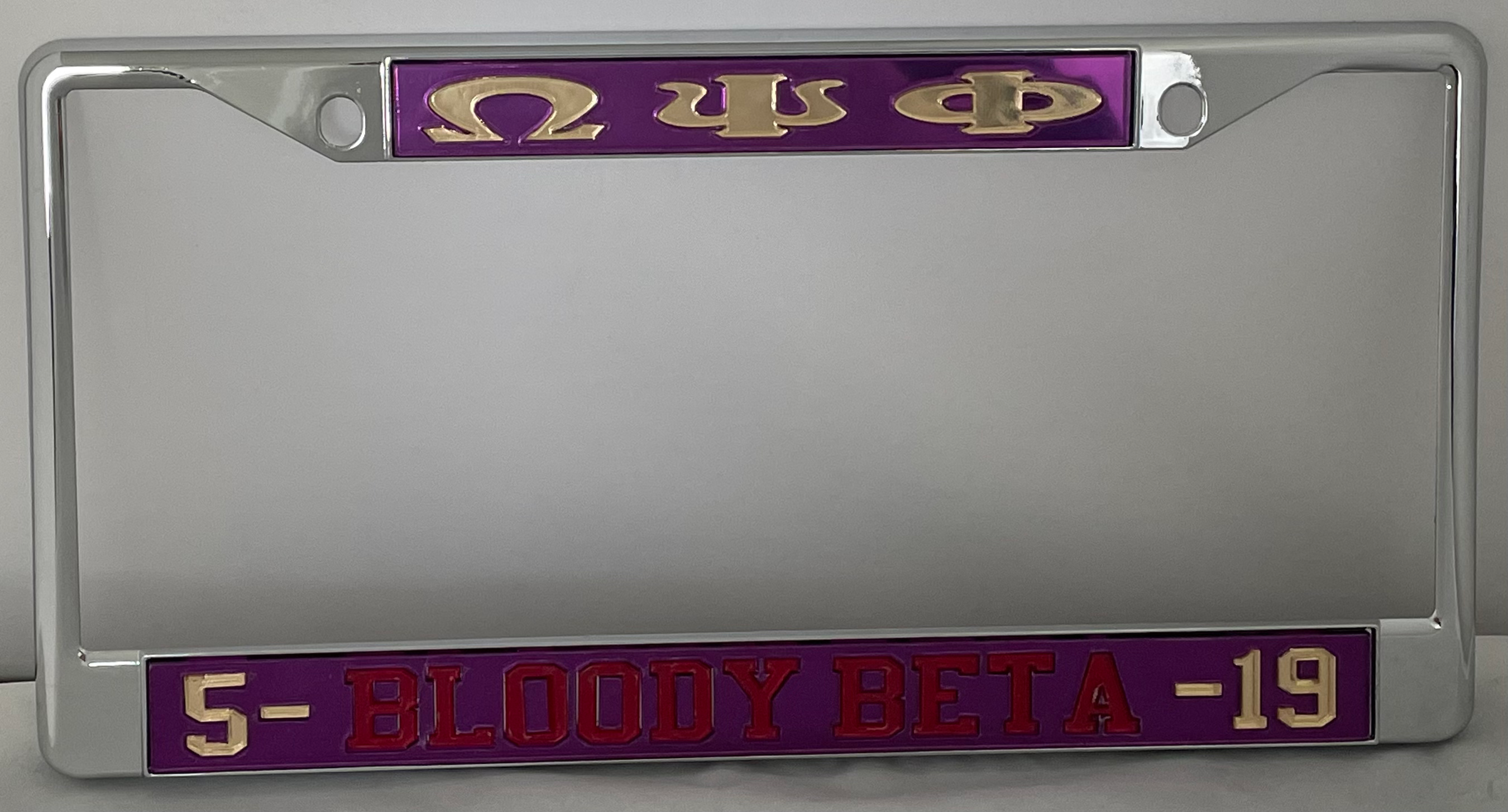 OPP 5-Bloody Beta-19 License Frame- Purple Bckgrnd Gld Ltrs Red Ltrs