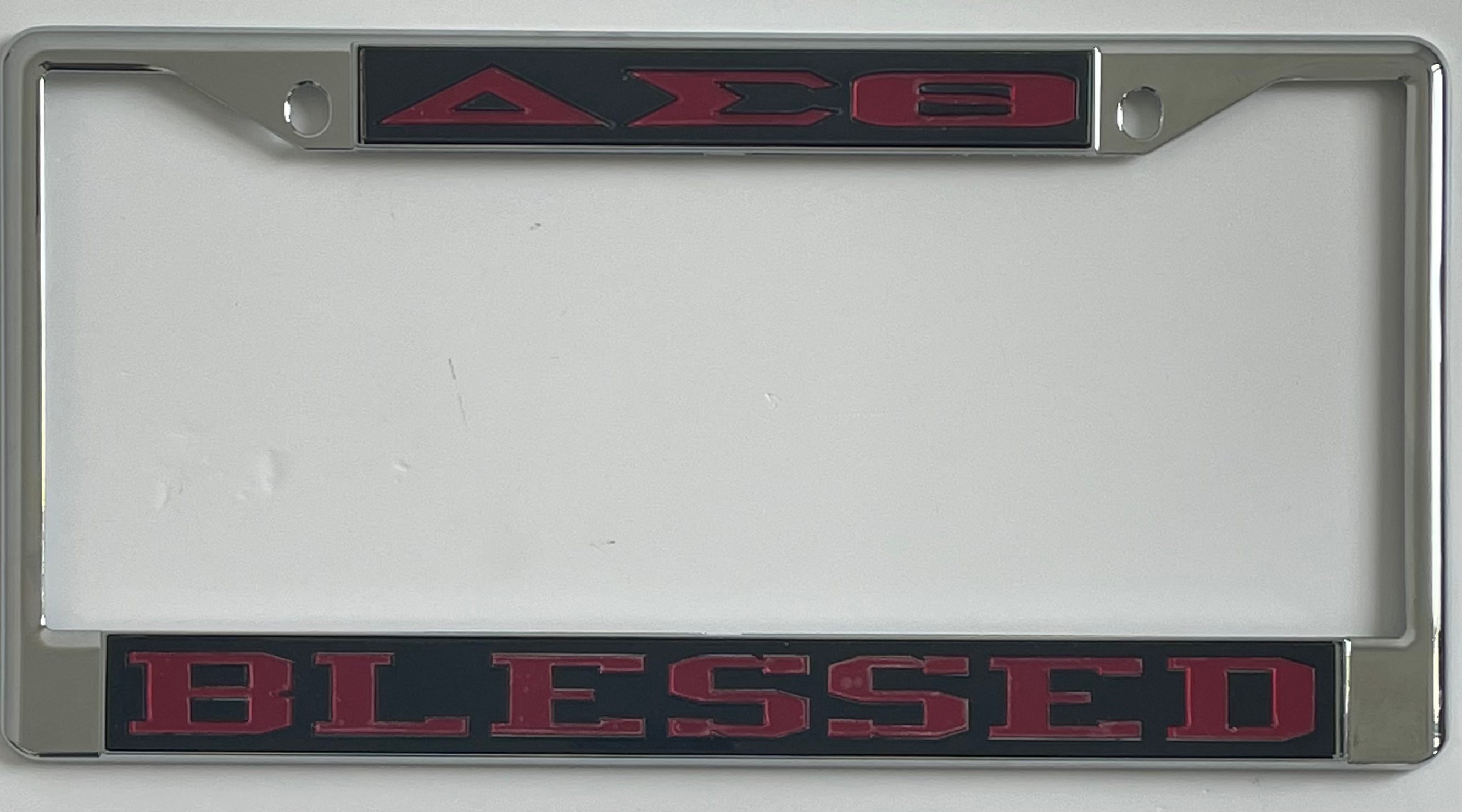 DST Blessed License Frame- Blk Background Red Letters