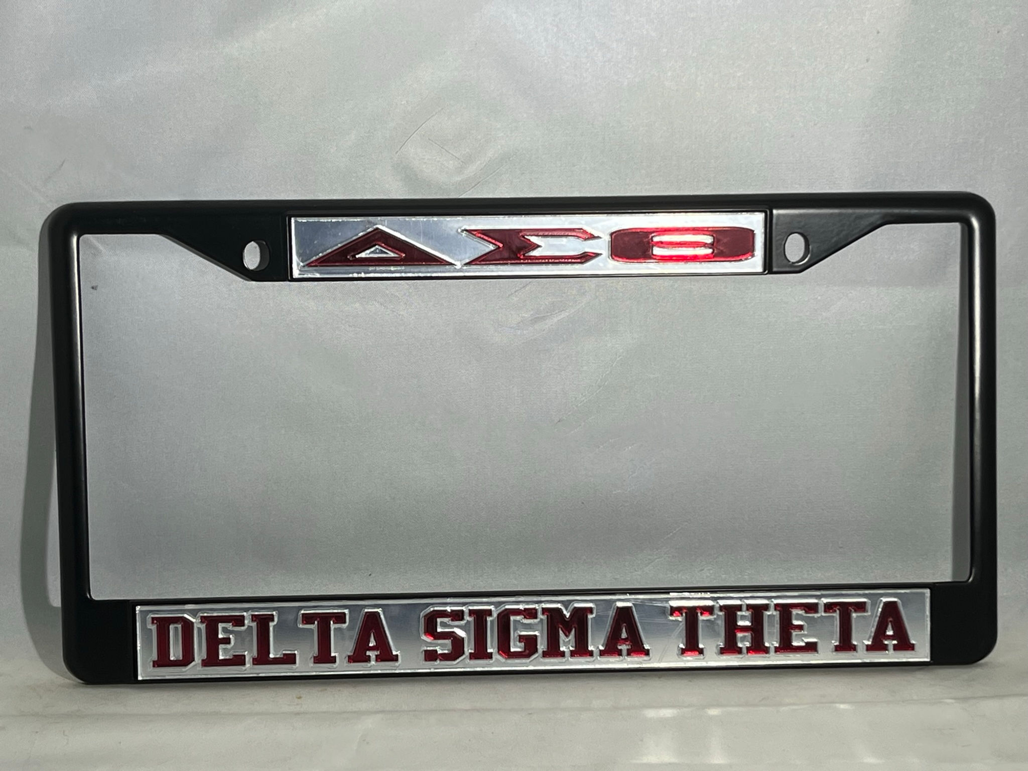 DST Delta Sigma Theta Black License Frame- Mirror Background Red Letters