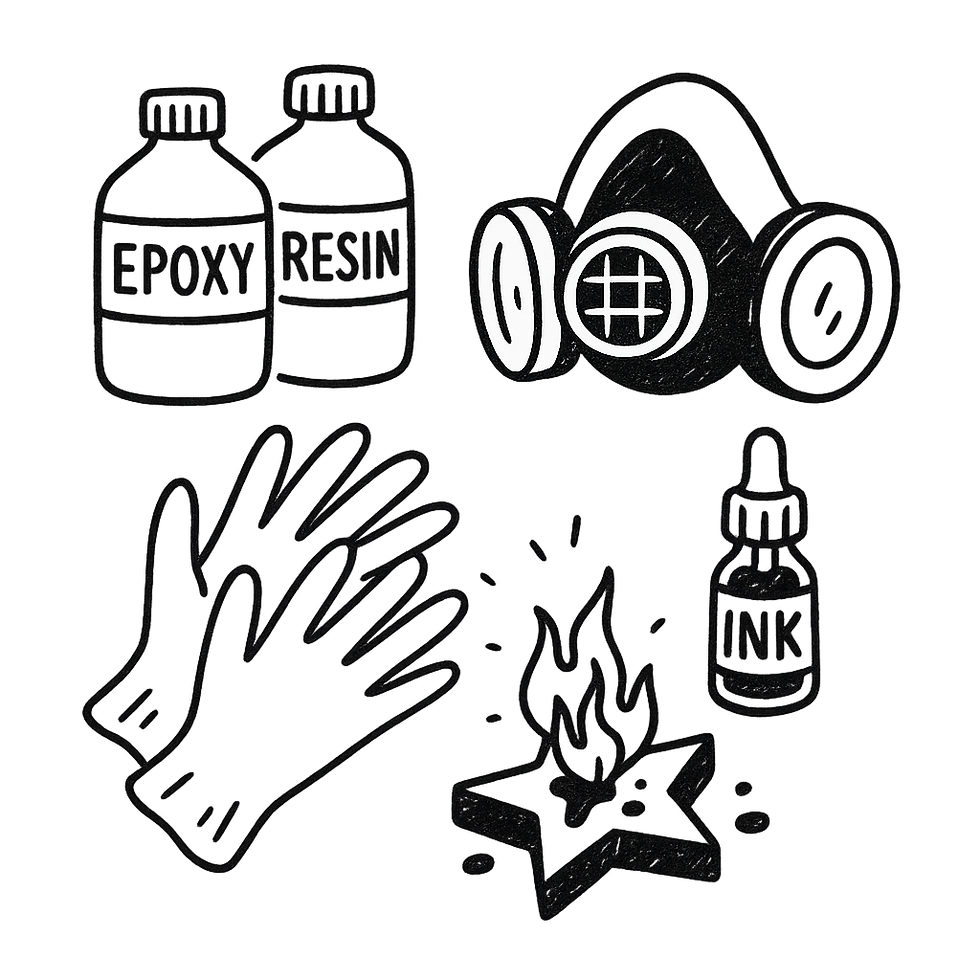 Bottles labeled "Epoxy" and "Resin," gas mask, gloves, ink bottle, and burning star icon on gray background. Black and white illustration.