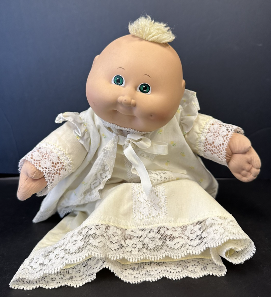 Vintage Cabbage Patch Kids Preemie Doll Blonde Hair Tuft Green Eyes w/ Dress
