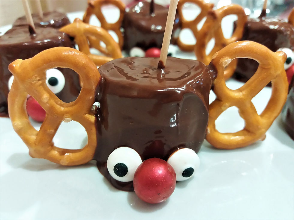 Marshmallows covered in milk chocolate, with pretzels for antlers, edible eyes and red candy nose.