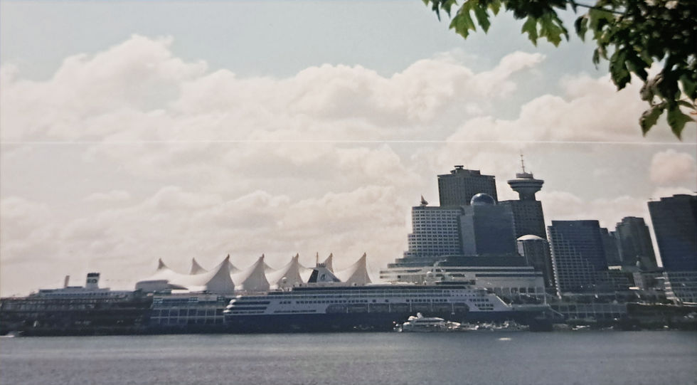 Harbor skyline with a cruise ship, white tented roofs, and tall buildings under cloudy sky, framed by leaves above