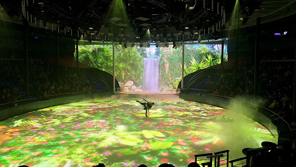Dancer on a lit stage with jungle waterfall projection, green mist, and colorful floral floor, watched by an audience.