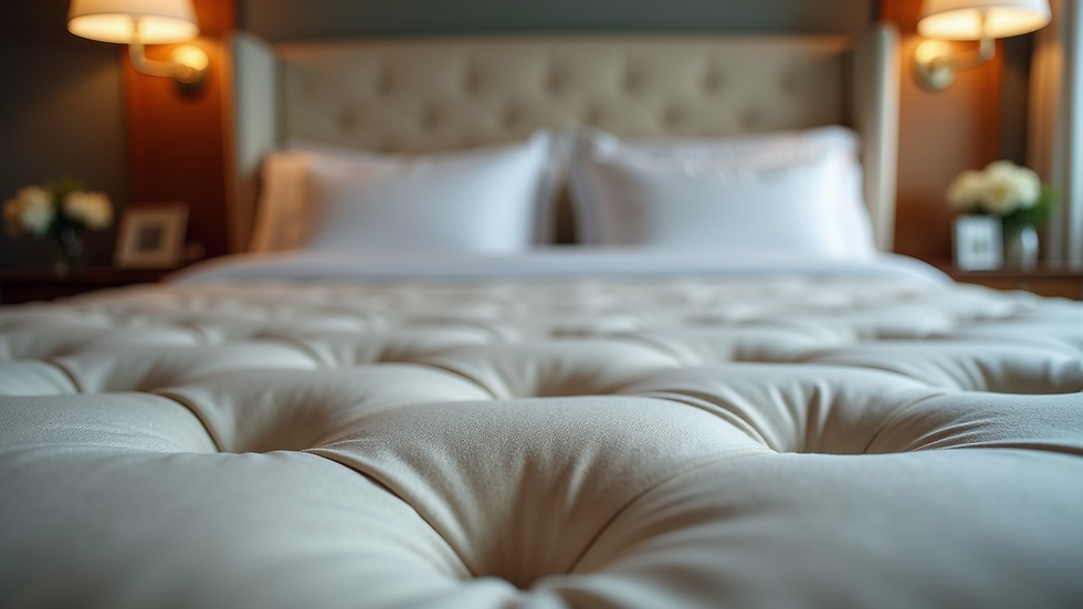 Eye-level view of a luxurious tufted bedspread in a stylish bedroom