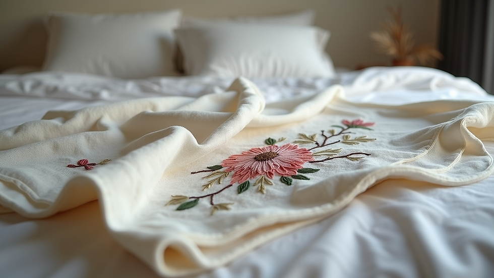 Eye-level view of a beautifully embroidered throw blanket draped over a bed