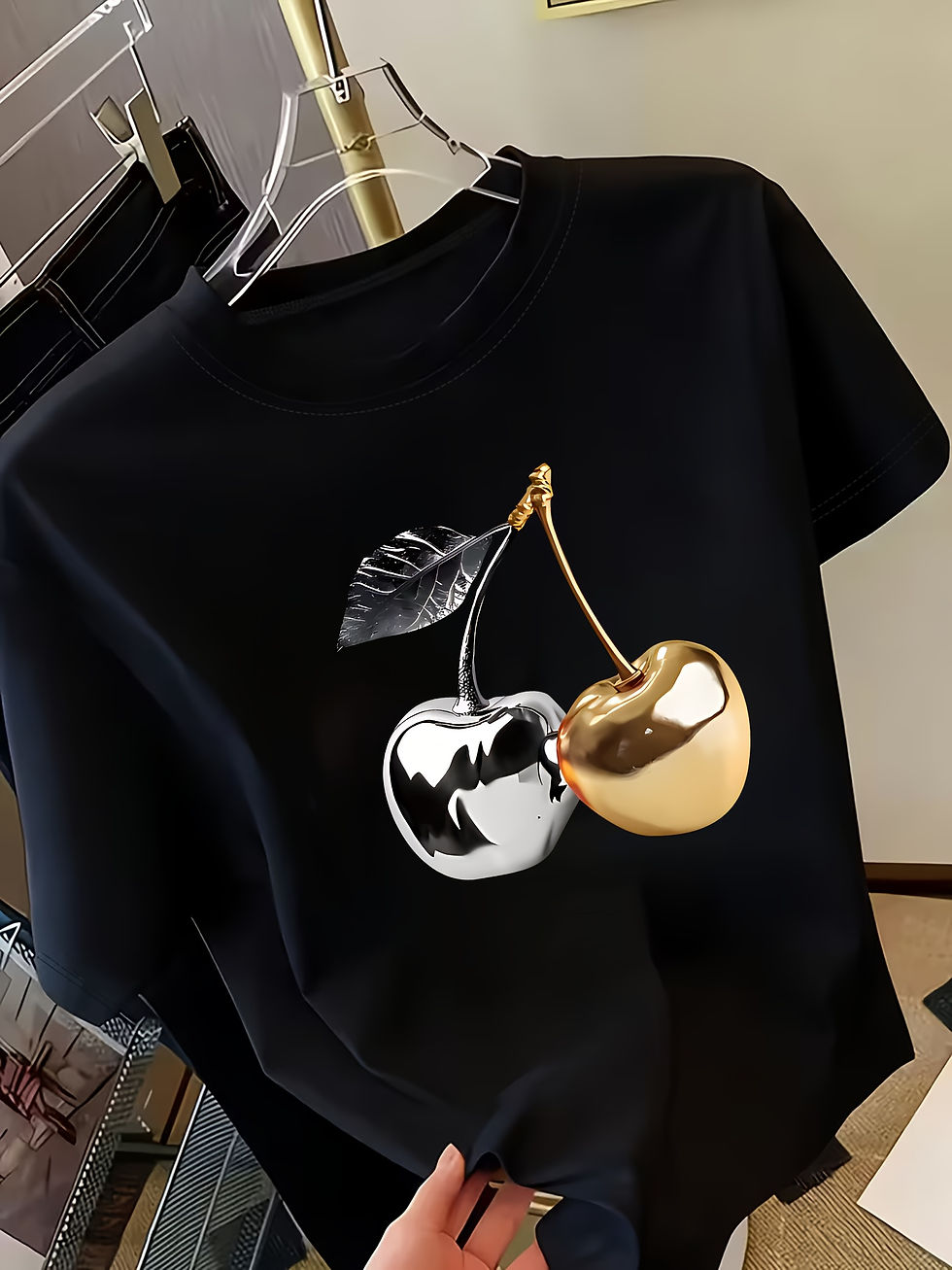 Thumbnail: Golden Cherry Print Women Short Sleeve T-Shirt Stylish Casual Tee a Sense of Ele