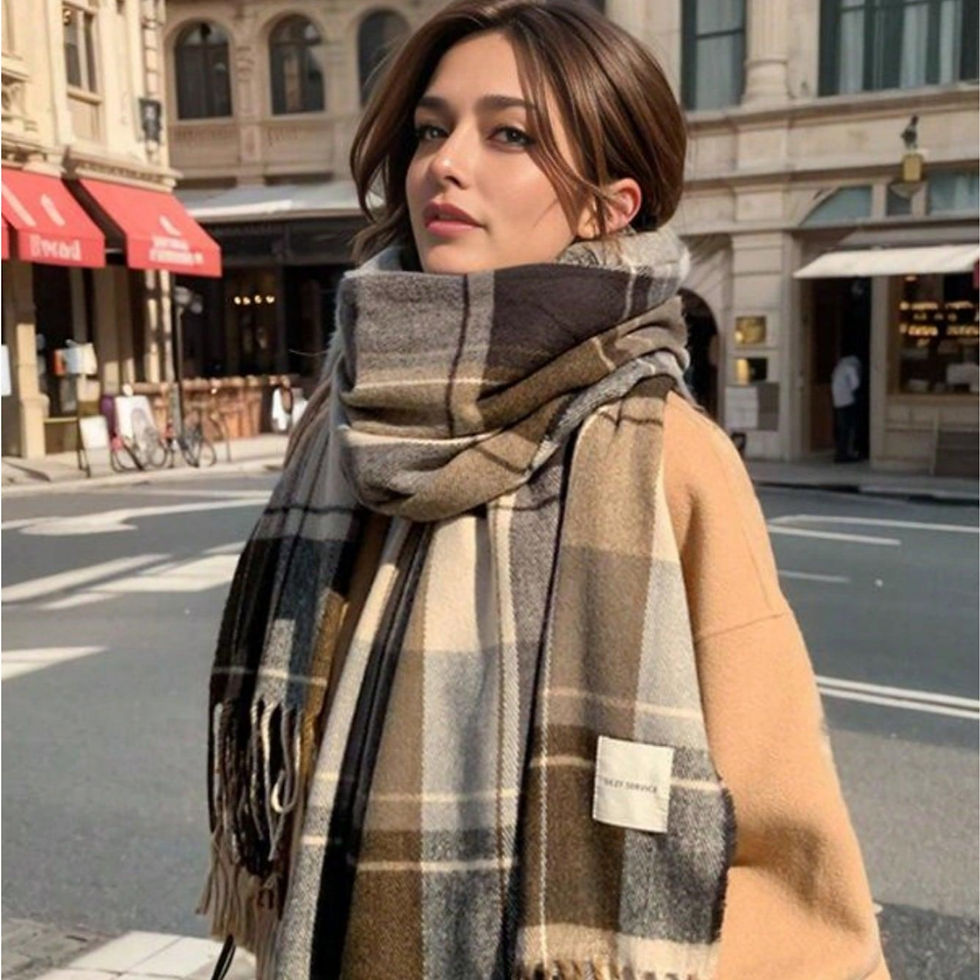 Thumbnail: 1 pc Fashionable and warm British plaid scarf for autumn and winter, retro and v