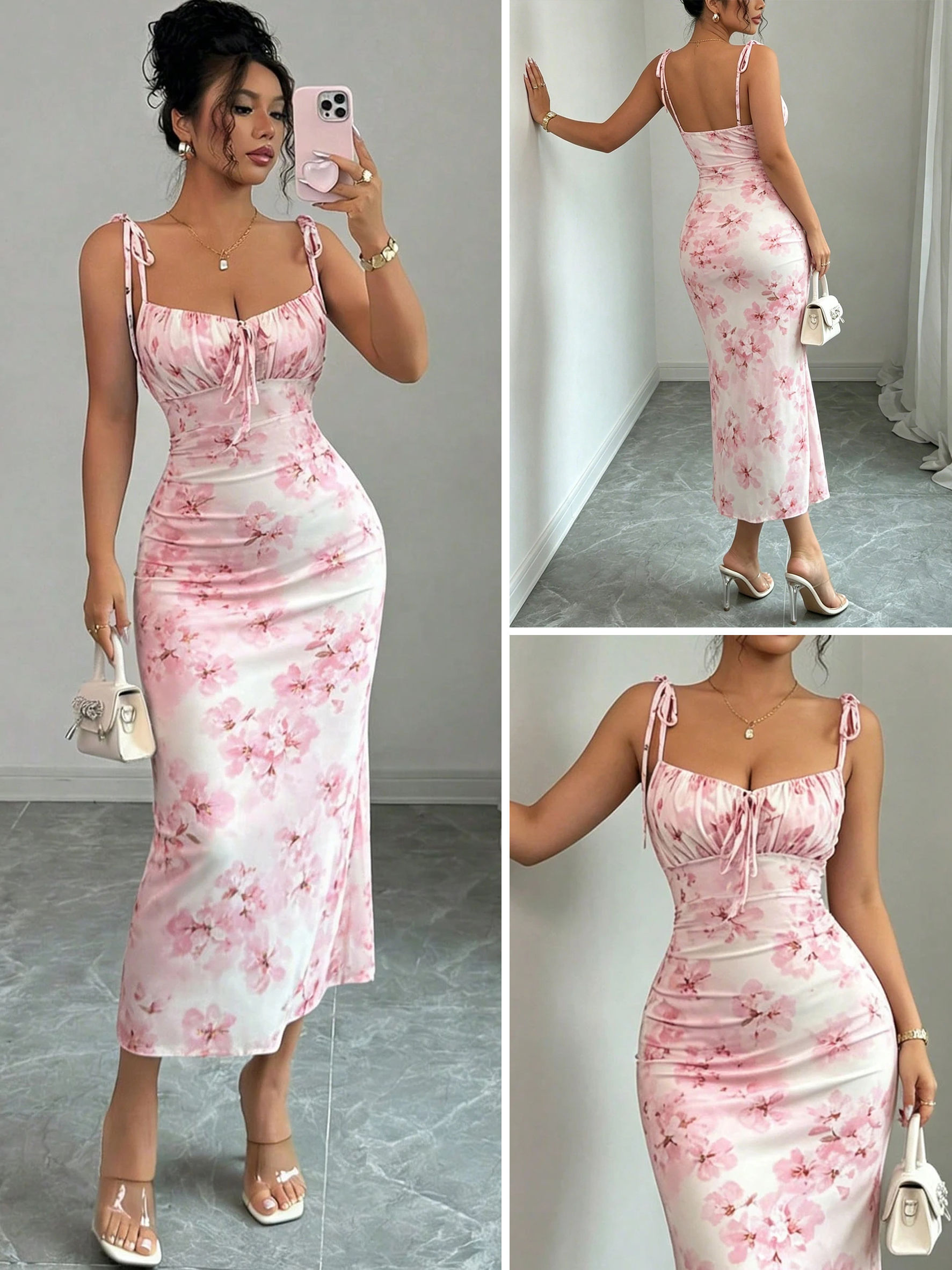 Flowy pink skirt with a cherry blossom print,