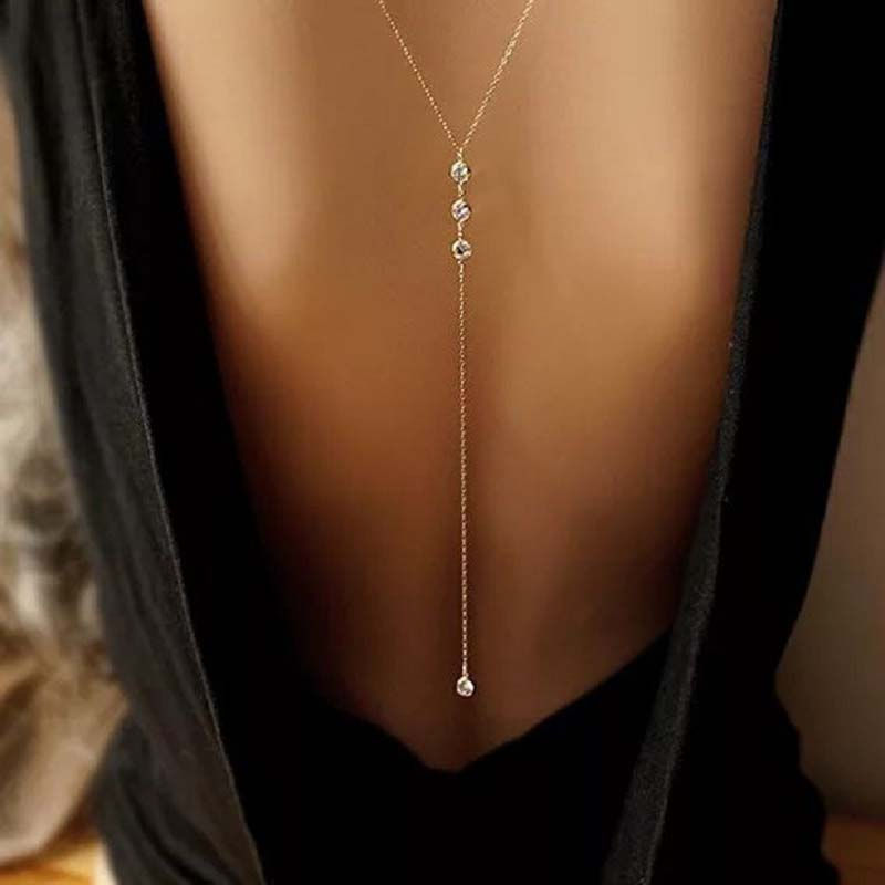 Thumbnail: Sexy Crystal Back Chain Necklace for Women Elegant Metal Long Zircon Backless Ch