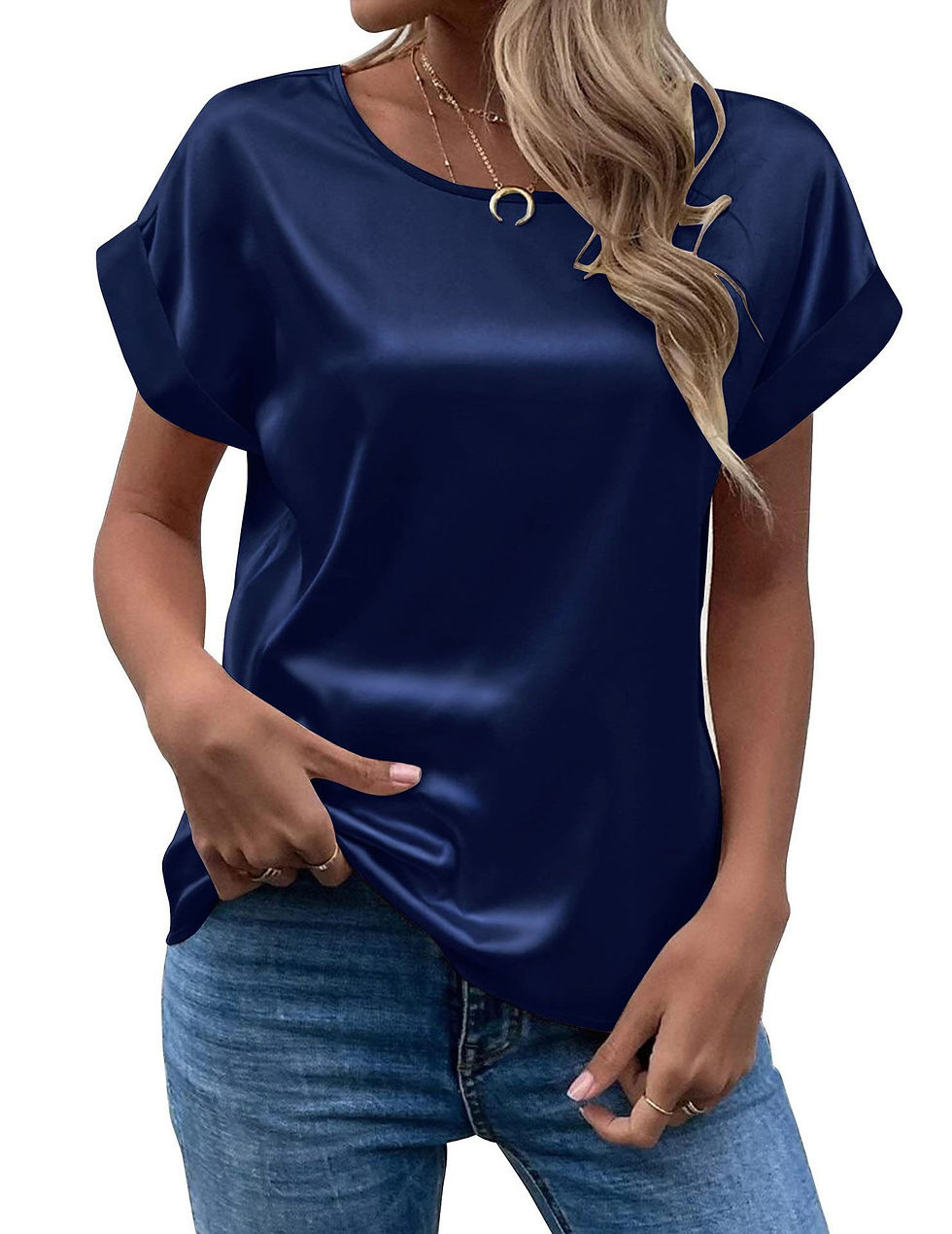 Thumbnail: Women Summer Style Satin Blouses Shirts Lady Casual Bat wing Sleeve O-Neck Solid