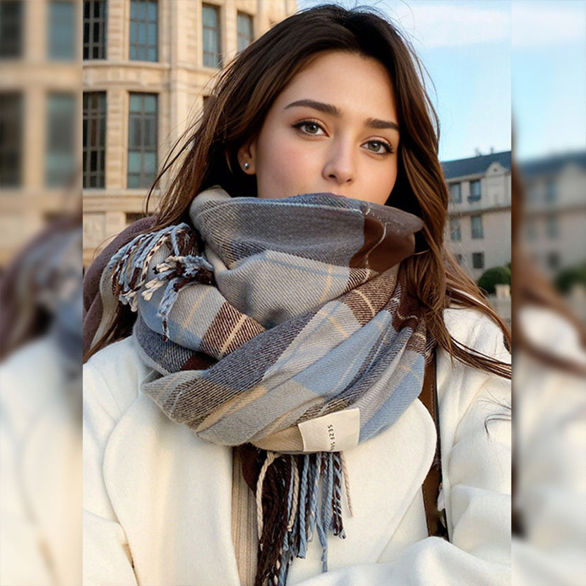 Thumbnail: 1 pc Fashionable and warm British plaid scarf for autumn and winter, retro and v