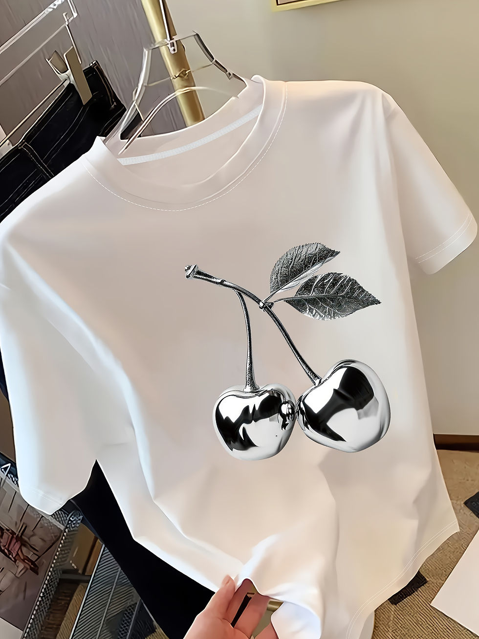 Thumbnail: Golden Cherry Print Women Short Sleeve T-Shirt Stylish Casual Tee a Sense of Ele