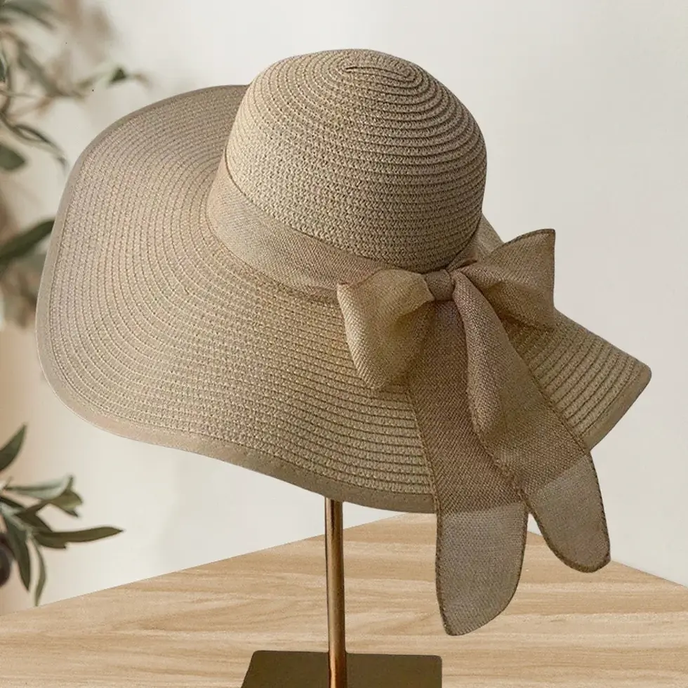Thumbnail: 1Pc Women's Seaside Bow Beach Hat Oversize Straw Hat Women's Summer Sun Block Bi