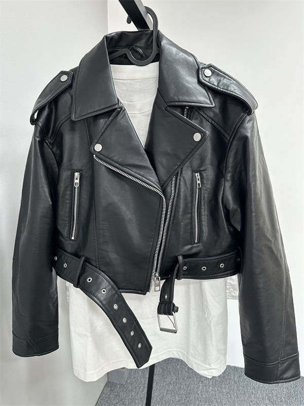 Thumbnail: 2025New Coal graysty le Women's washed leather jacket with belt, short coat with