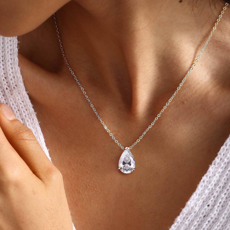Thumbnail: 1-4CT Pear Cut D VVS1 Moissanite Necklace 100% S925 Silver 18k Gold Plated Singl