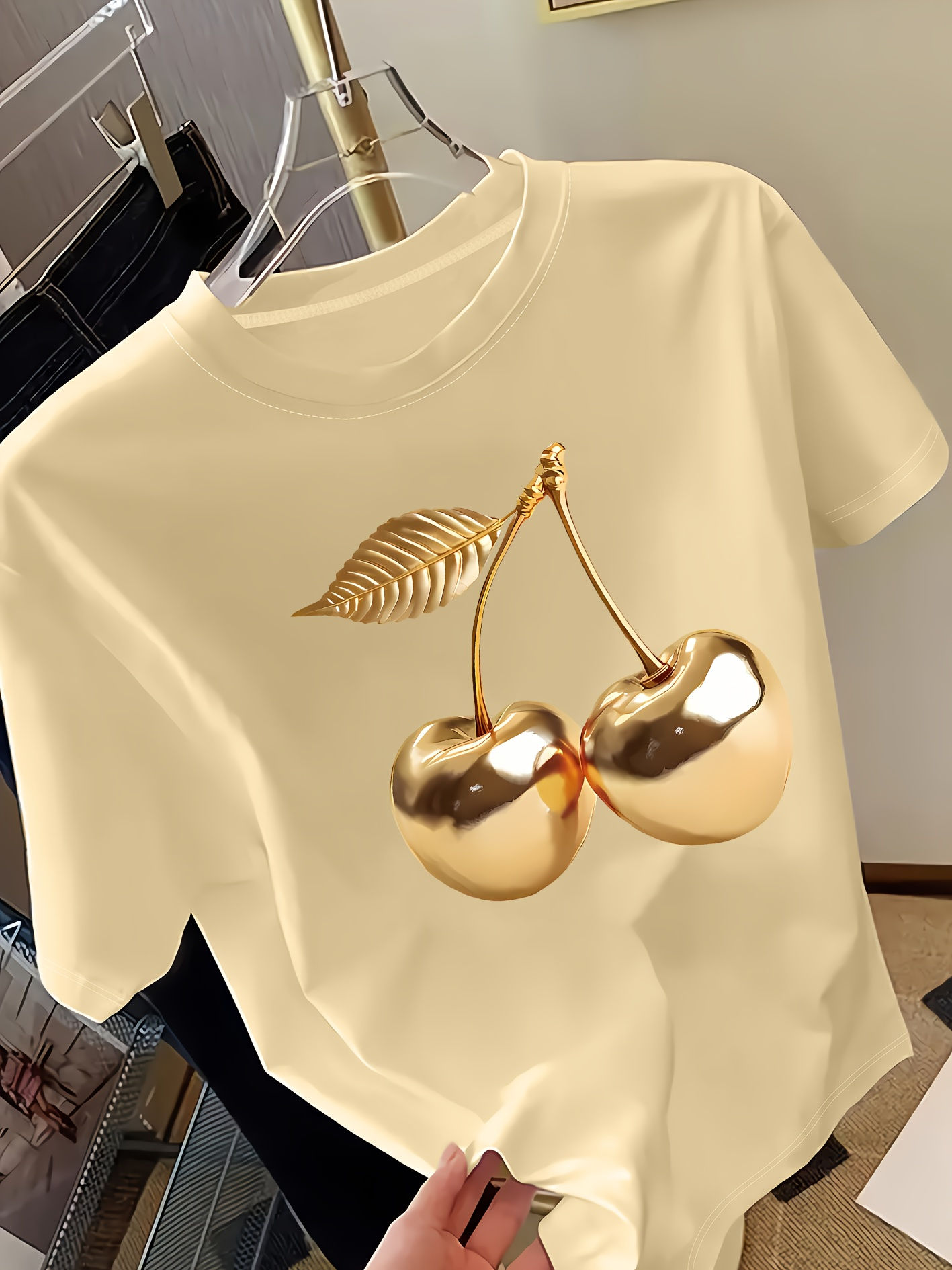 Golden Cherry Print Women Short Sleeve T-Shirt Stylish Casual Tee a Sense of Ele