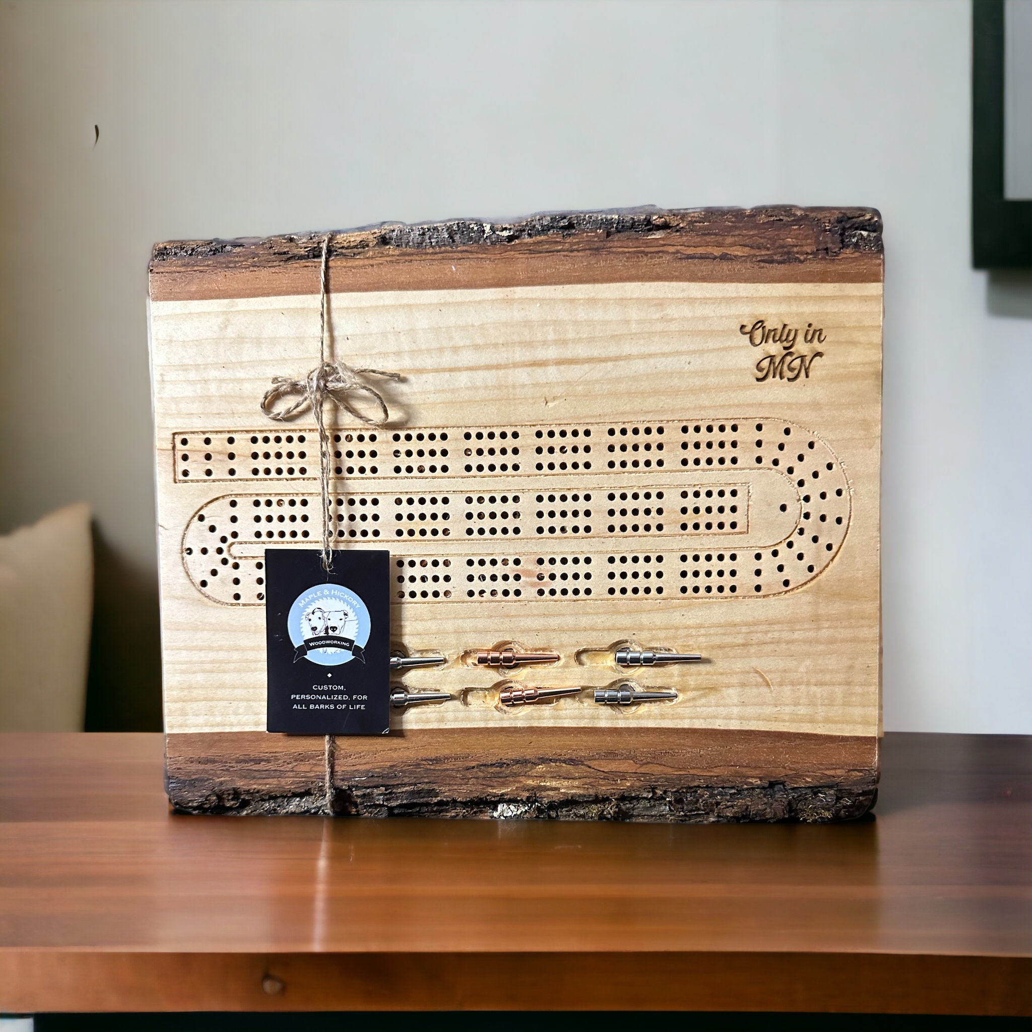 Personalized Live edge with bark cribbage board