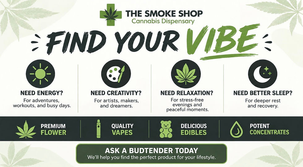 wide landscape cannabis dispensary promo banner with text FIND YOUR VIBE, green and white colors, icons for energy, creativity, relaxation, sleep