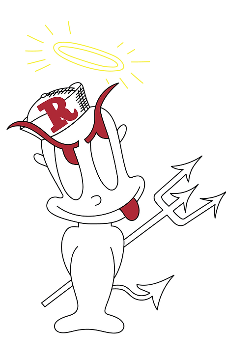 Wolfie Cohen's Rascal House logo. An imp smiling with his tongue out, holding a trident behind his back and wearing a sailor's hat with a red letter "R" in the middle. His eyebrows and eyes, as well as his tongue are all in red. A halo glows over his head.