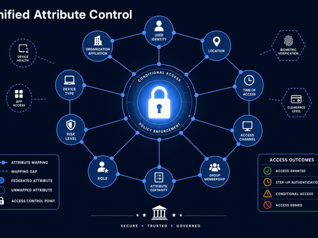 Unified Attribute Control infographic with glowing lock, connected access factors, and labels like user identity, location, role, and access outcomes