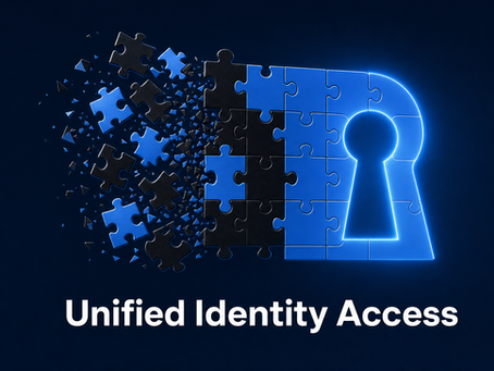Blue puzzle pieces forming a glowing keyhole with shattered pieces on the left, on a dark background, text Unified Identity Access