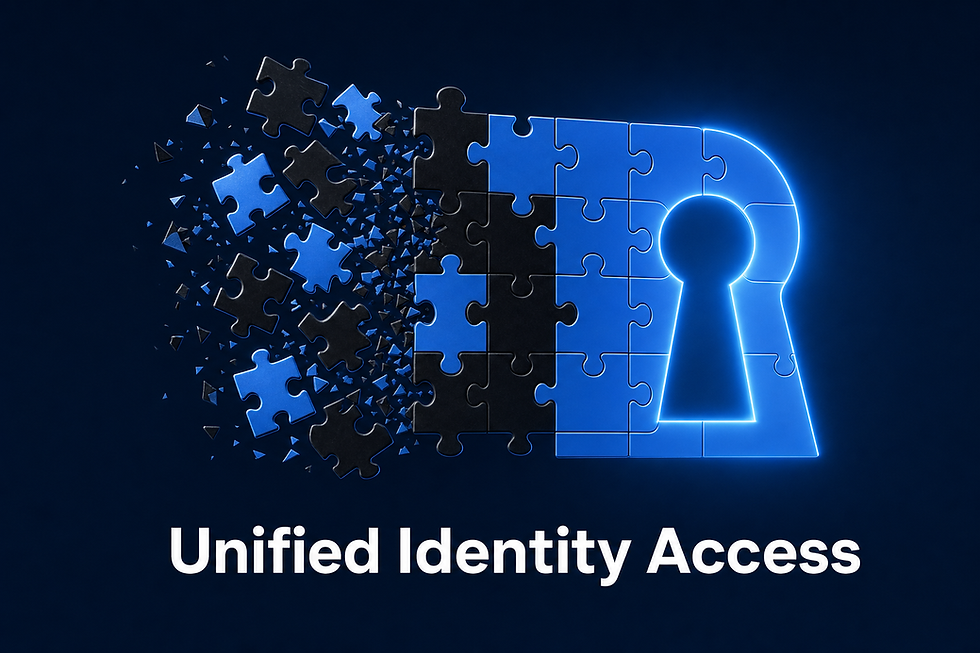 Blue puzzle pieces forming a glowing keyhole with shattered pieces on the left, on a dark background, text Unified Identity Access