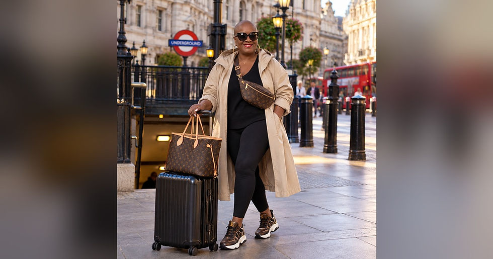Bald Black woman over 40 exploring London with a rolling suitcase, Louis Vuitton crossbody bag, and sneakers, illustrating safe solo travel in Europe.
