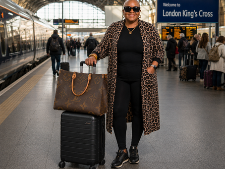 Black woman over 40 traveling confidently through a train station with a Samsonite carry-on and Louis Vuitton OnTheGo GM bag, illustrating international travel over 40.
