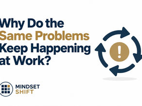 Circular arrows around an exclamation point illustrating why the same problems keep happening at work despite repeated attempts to fix them.